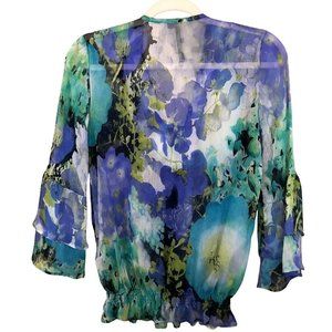 Kay Celine Blouse Women Printed Bell Sleeves Sequins Detail Neckline Size S